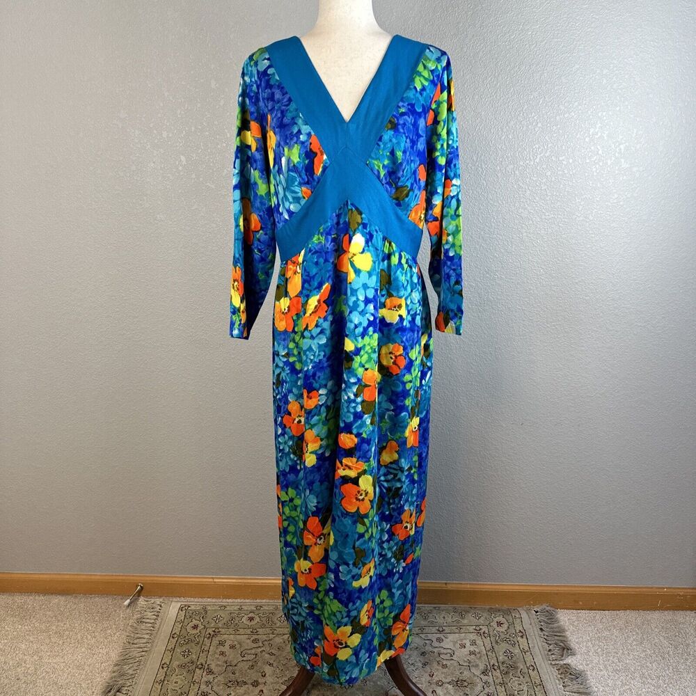 Vintage 1960 Kimos Polynesian Shop Maxi Hawaiian Dress Size 16 Floral Barkcloth